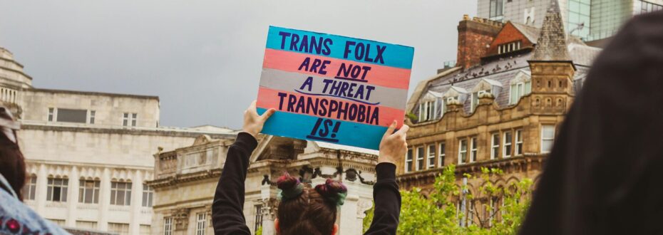 Person walking along in a crowd holds banner which reads: Trans folx are not a threat - transphobia is!